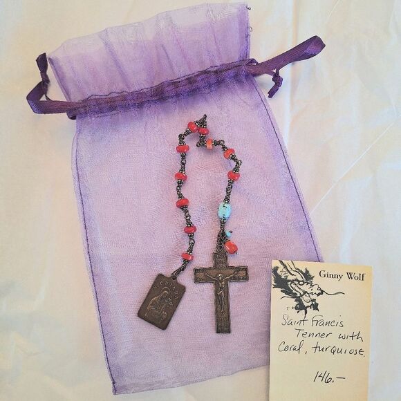 Handcrafted Artisan Turquoise and Coral St Francis Tenner Rosary Ginny Wolf - Picture 2 of 12